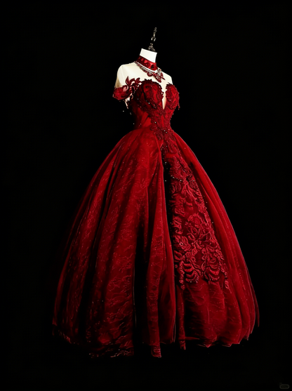 Robes de bal vintage, col ras du cou, bordeaux avec perles et dentelle, années 1980, robe de soirée longue N2706