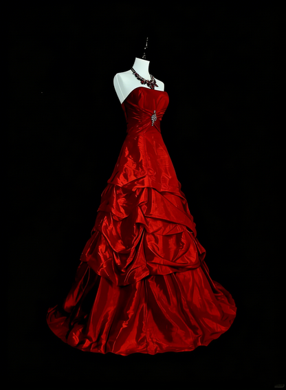 Retro Ball Gown Strapless Red Satin Sleeveless 70s Prom Dresses Long Formal Party Gowns N1491
