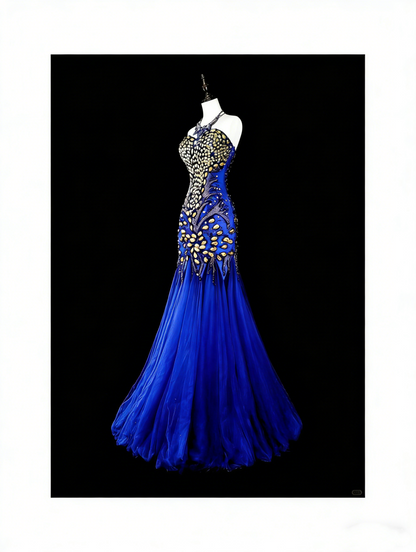 Vintage Meerjungfrauen-Abendkleid in Königsblau aus den 70er Jahren, langes Tüllkleid mit Herzausschnitt, N1833