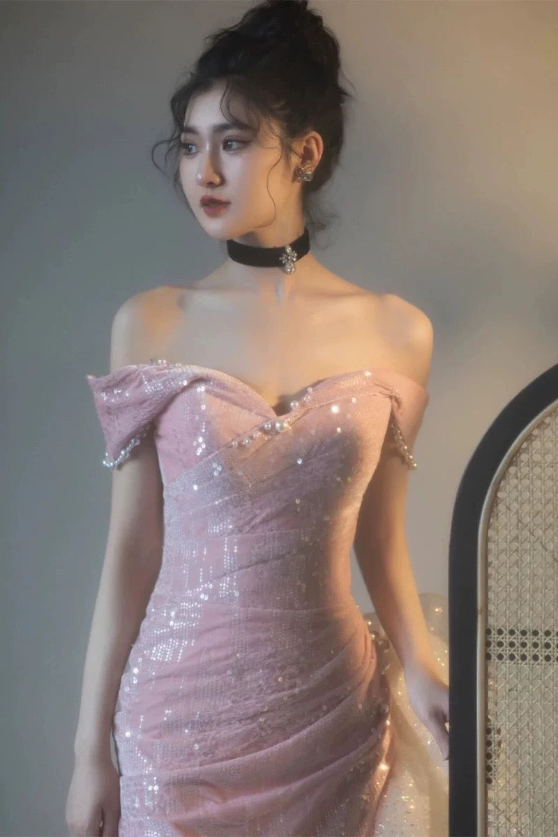 Elegantes Meerjungfrauen-Kleid, schulterfrei, Pink mit kurzen Ärmeln, formelles Kleid, Pailletten, Geburtstag, Abschlussballkleider N2816