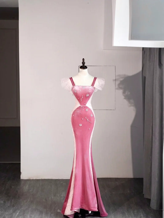 Classy Mermaid Square Pink Velvet Sleeveless Senior Prom dresses High School Long Formal Dress N1277