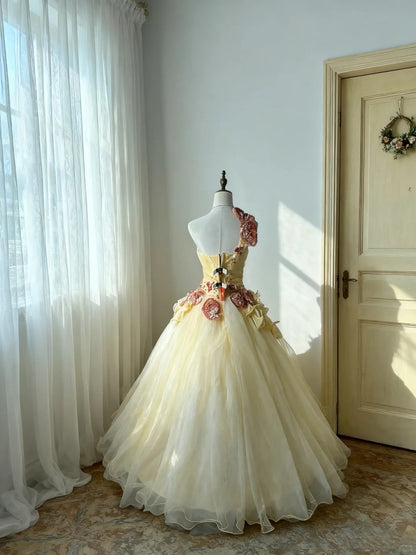 Prinzessin Ballkleid One Shoulder Pastellgelb Tüll Lang Sweet 15 16 Quinceanera Kleider Siebzehn Quince Kleid RB4249
