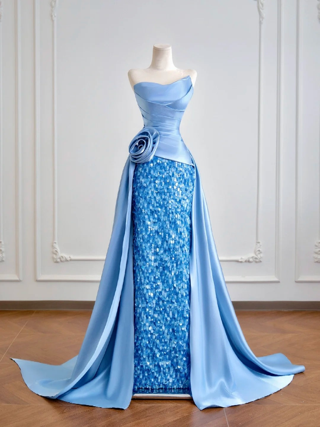 Robe de bal sirène bustier en satin bleu à sequins, longue, pour soirée formelle ou anniversaire, N381