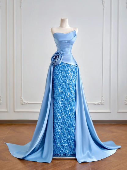 Robe de bal sirène bustier en satin bleu à sequins, longue, pour soirée formelle ou anniversaire, N381