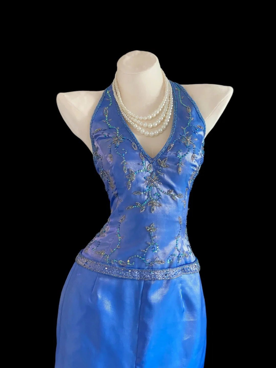 Glitzernde Meerjungfrauen-Neckholder Königlich Blau High-Low Lange Ballkleider Inspo Abend-Outfits RB4016