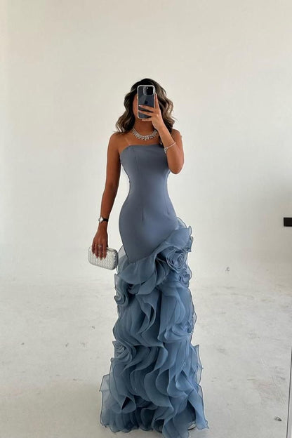 Elegantes, ärmelloses, bodenlanges Meerjungfrauen-Abendkleid aus Chiffon mit Rüschen und Falten, AB1694