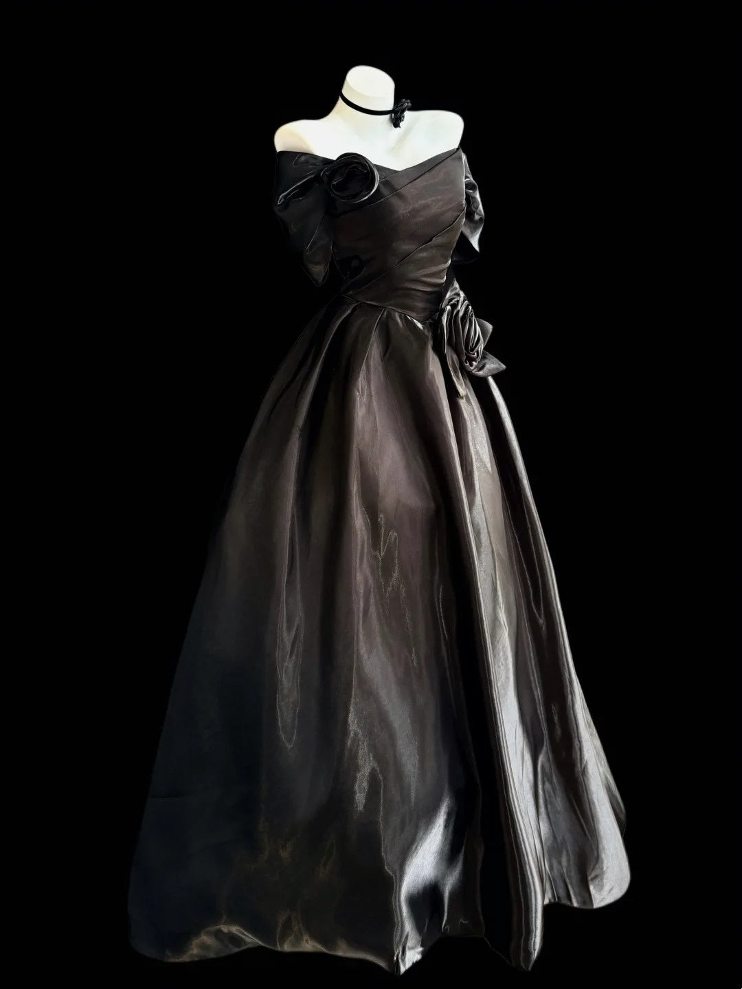 Chic A line Off The Shoulder Black Satin With Flowers Long Prom Dress Formal Dress Party Dresses RB7224