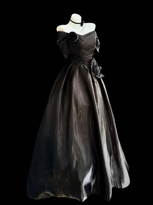 Chic A line Off The Shoulder Black Satin With Flowers Long Prom Dress Formal Dress Party Dresses RB7224