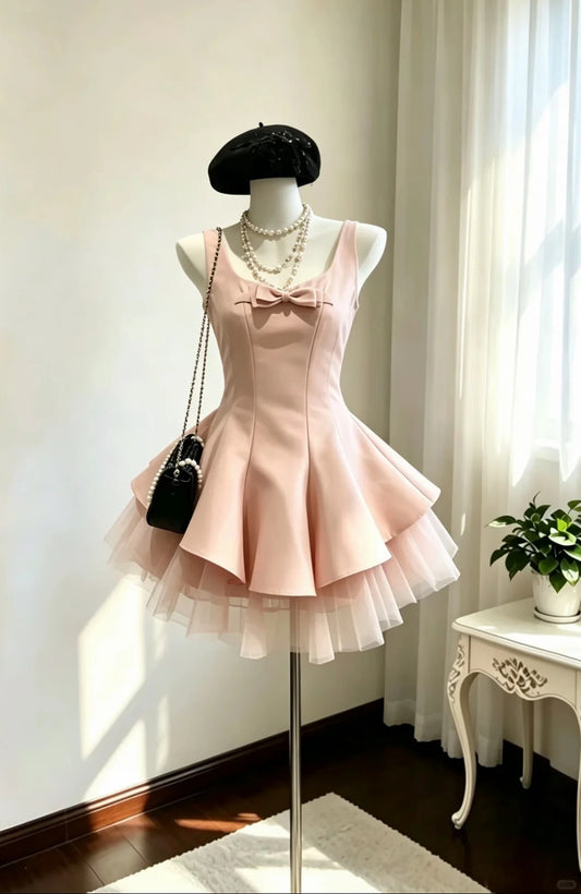 Elegant Ball Gown Square Neck Pink Satin Mini Short Cocktail Dress Homecoming Dresses Ideas Hoco Outfits RB4844