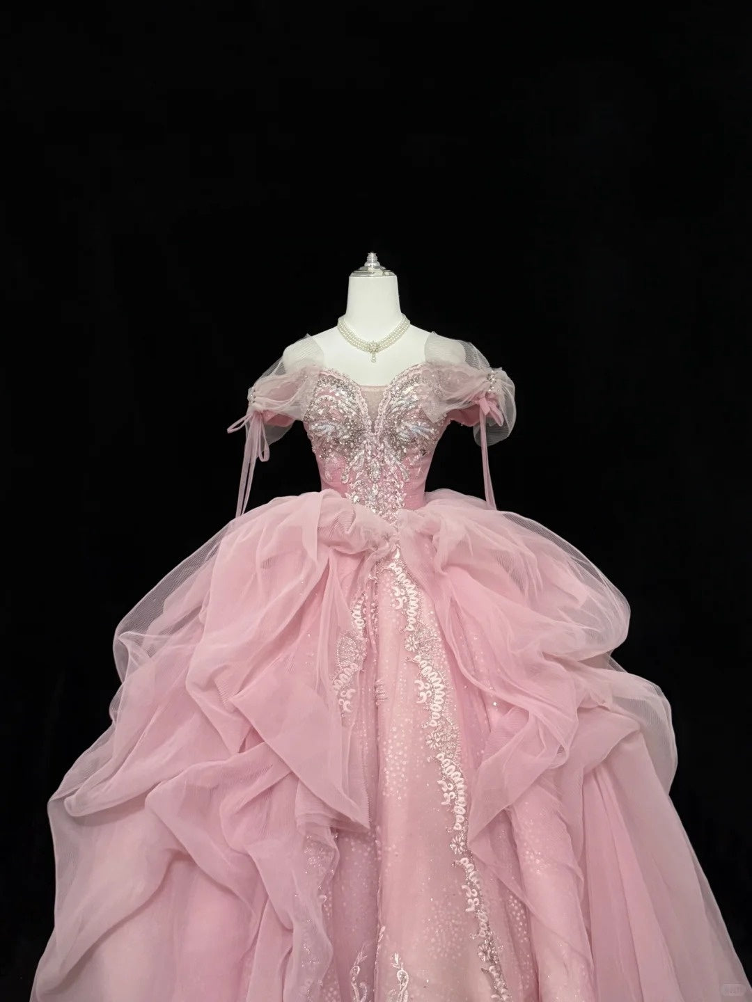Rosa langes Ballkleid für den 16. Geburtstag, schulterfrei mit gerüschter Pailletten-Spitze, Modell RC0235
