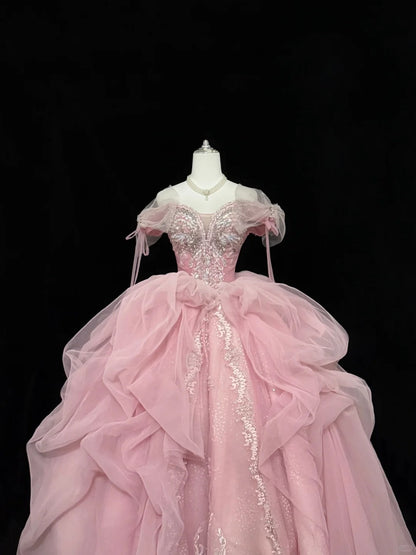 Rosa langes Ballkleid für den 16. Geburtstag, schulterfrei mit gerüschter Pailletten-Spitze, Modell RC0235
