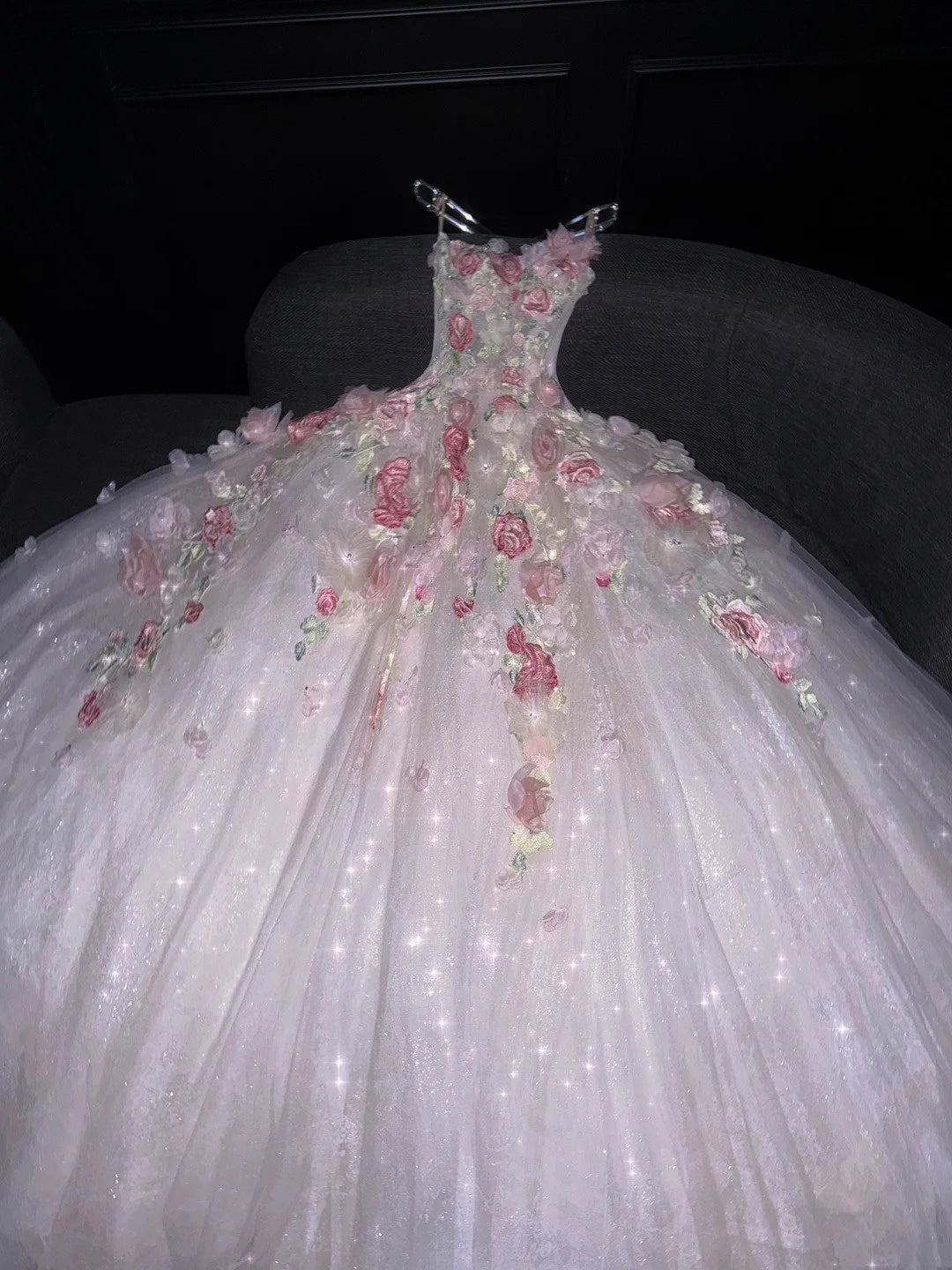 Princess Ball Gown Strapless Pink Floral Tulle Long Formal Evening Dress Formal 18th Birthday Gowns Prom Dresses N736