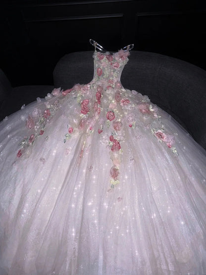 Princess Ball Gown Strapless Pink Floral Tulle Long Formal Evening Dress Formal 18th Birthday Gowns Prom Dresses N736