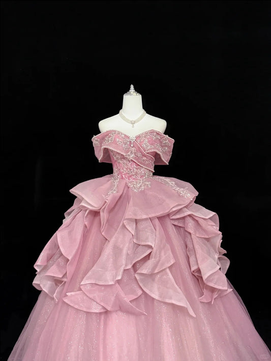 Tulle Prom Dress Long Floor Length Ball Gown Off Shoulder Pink With Sleeves Lace Formal Evening Gown For Women RC0267