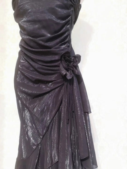 Vintage Prom Dresses 80s Mermaid Spaghetti Straps Black Tie Dress Irregular Hem Tea Length Formal Outfit RB4318