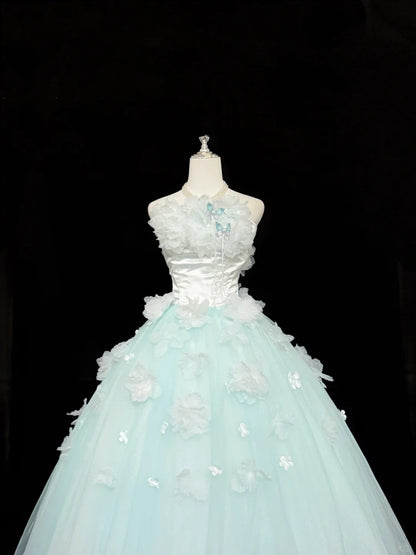 Cute Sweet 16 Dresses Long Ball Gown Strapless Blue With Flowers Tulle Formal Sweet Sixteen Birthday Gown RC0256
