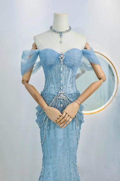 Robe de soirée longue sirène scintillante bleu à paillettes avec épaules dénudées, tenue d'anniversaire, robe de bal de promo N2842