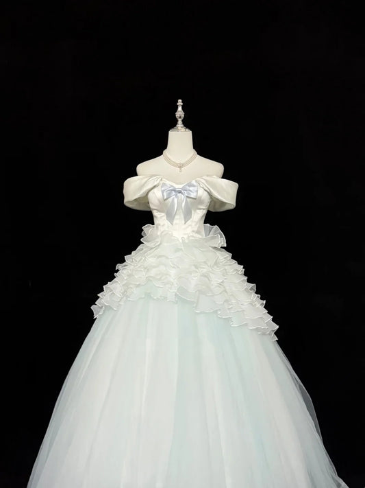 Tulle Prom Dress Long Floor Length Ball Gown Off Shoulder With Bow-knot Formal Evening Gown For Women RC0246