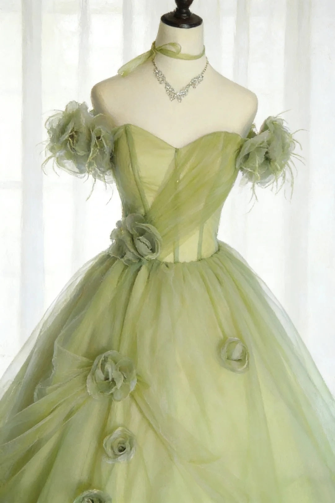 Robes de bal modestes robe de soirée épaules dénudées tulle vert sauge avec manches longue robe de quinceañera N2968