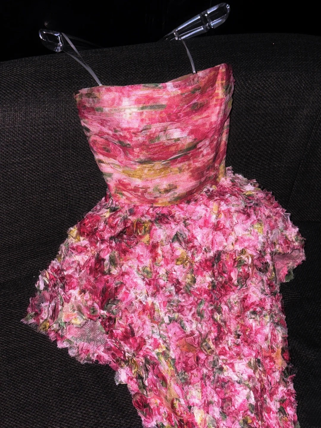 Robe de bal de fin d'année sirène élégante, sans bretelles, rose à fleurs, N1264