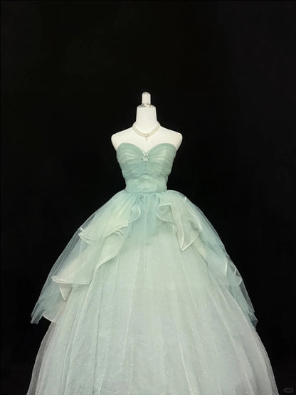 Abendkleider für den 16. Geburtstag, langes Ballkleid, langes Geburtstagskleid für Sweet Sixteen, trägerloses, salbeigrünes Festkleid RC0362