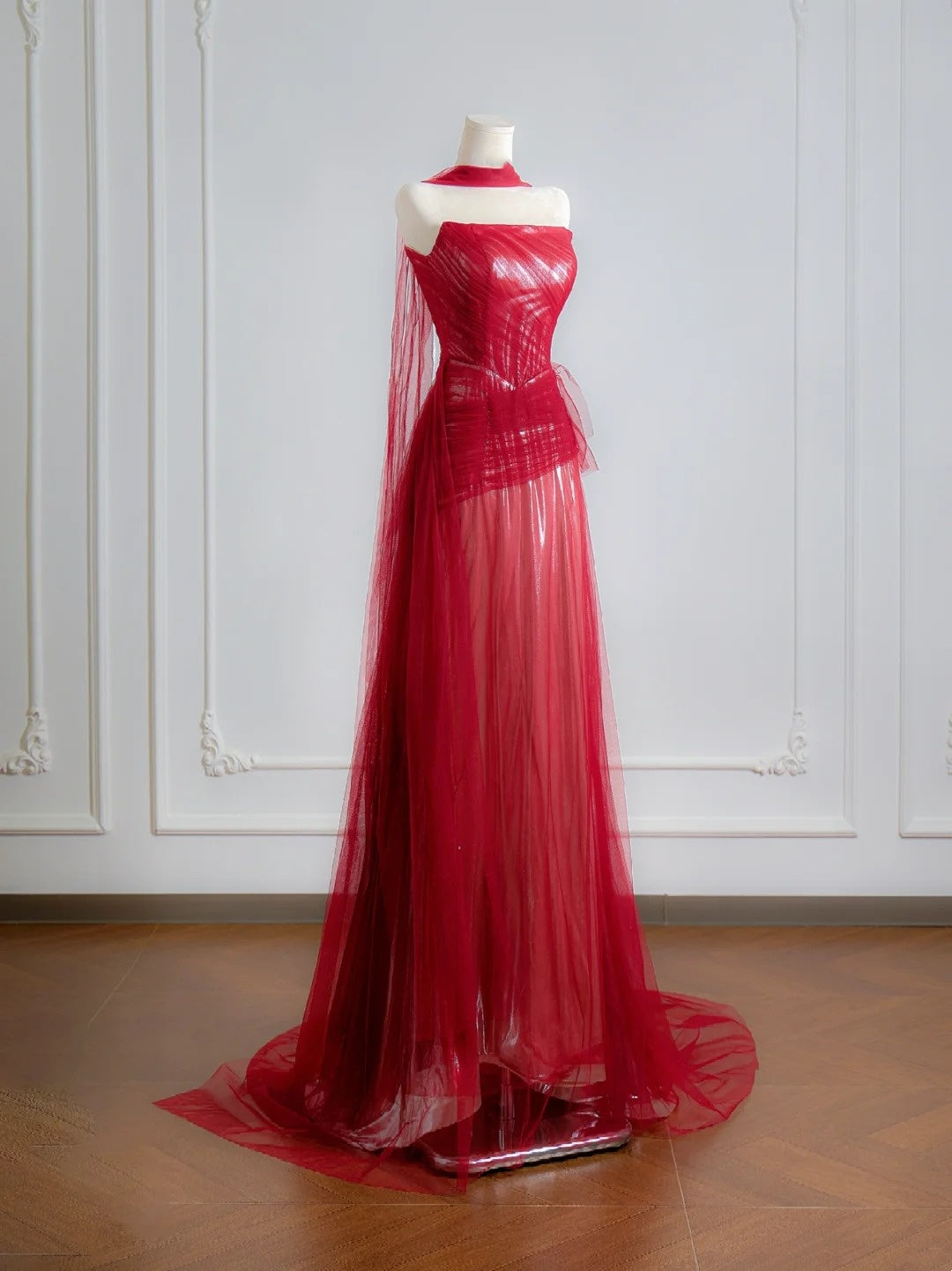 Robe de bal rouge bustier trapèze simple avec foulard, robe de soirée longue, robe de fête d'anniversaire N376