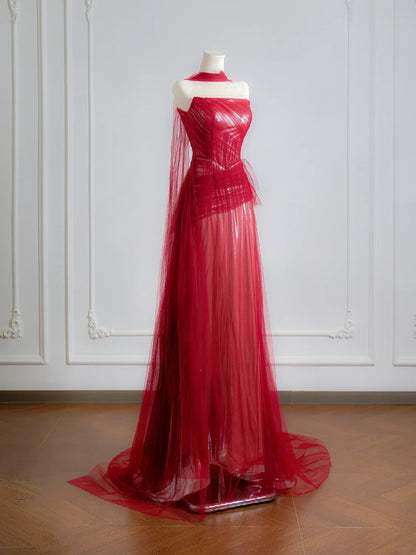 Robe de bal rouge bustier trapèze simple avec foulard, robe de soirée longue, robe de fête d'anniversaire N376
