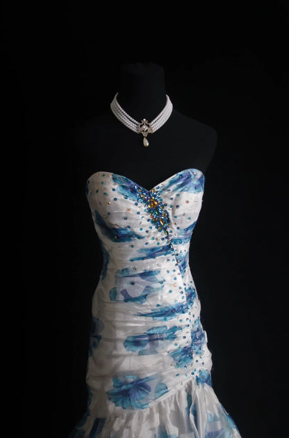 Robe de bal longue rétro sirène à imprimé floral bleu, style années 2000 - Inspiration pour une tenue de 19 ans - Robe de soirée - 499 N