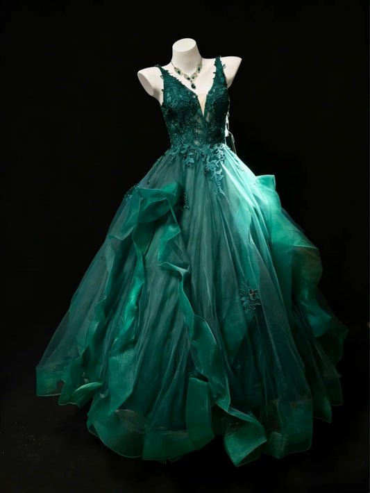 Bescheidene Ballkleider für den Abschlussball, V-Ausschnitt, dunkelgrüner Tüll mit appliziertem langen Quinceañera-Kleid N3057