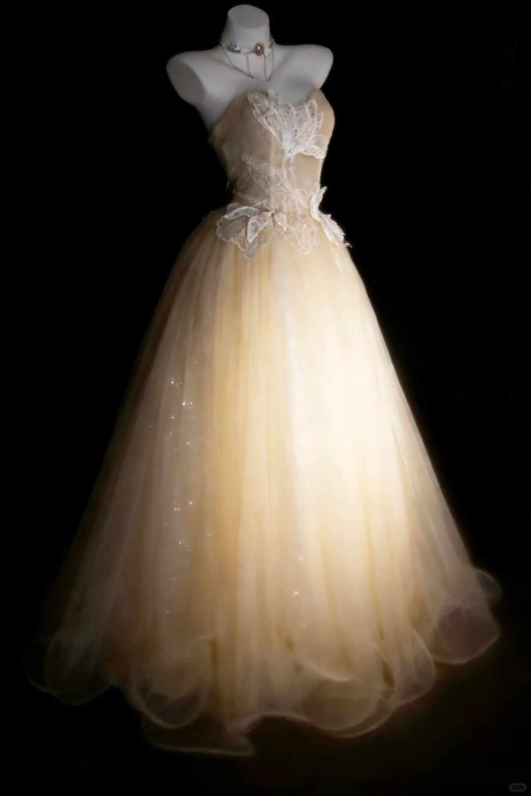 Modestes Robes De Bal De Promo Sans Bretelles En Tulle Champagne Avec Robe Longue De Quinceañera Appliquée N2973