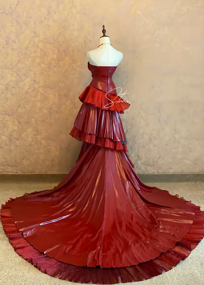 Burgundy Prom Dress Inspo Mermaid Sweetheart With Tiered Tulle Modest Long Formal Party Gown RC0029