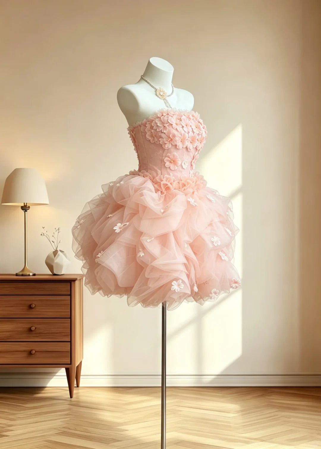 Robe de bal féérique bustier avec fleurs 3D sans manches rose blush courte inspiration senior pour robes de retour à la maison RB3068