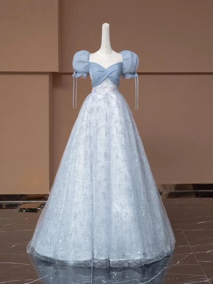 Robe de bal féérique à décolleté cœur et manches bouffantes, en tulle bleu, longue robe de soirée formelle, robe d'anniversaire formelle, robe de bal N730