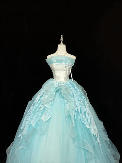 Cute Sweet 16 Dresses Long Ball Gown Strapless Blue Lace Tulle Formal Sweet Sixteen Birthday Gown RC0264