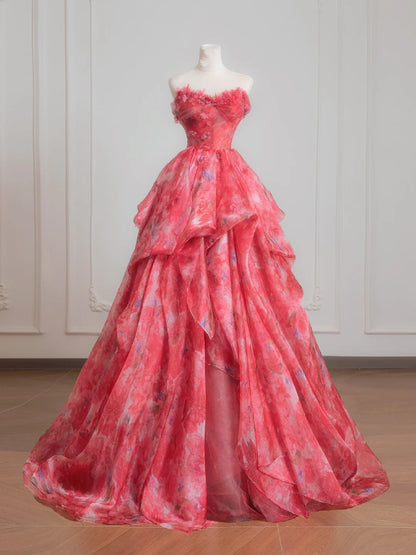 Robe de bal romantique rose à fleurs en mousseline, longue robe de soirée formelle, robe d'anniversaire formelle, robe de bal N727
