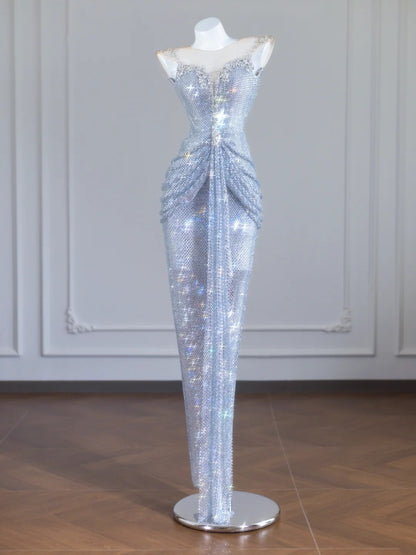 Robe de bal longue sirène à paillettes argentées et perles, col rond, style sirène, idéale pour les fêtes et les anniversaires (N406)