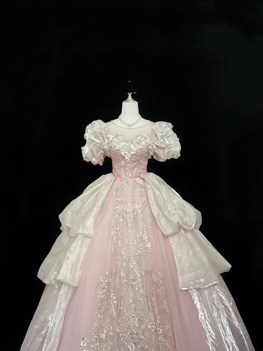 Sweet 16 Dresses Long Ball Gown Scoop Neck Pink With Sequin Lace Sweet Sixteen Birthday Gown RC0298