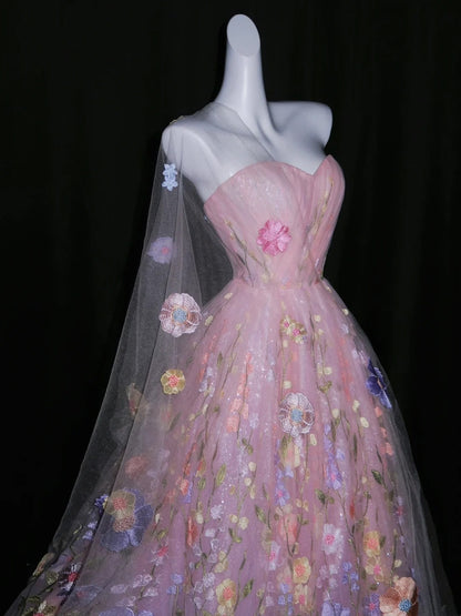 Robe de bal rose sans bretelles, sans manches, en tulle fleuri, longue, idéale pour une quinceañera, un anniversaire de 15 ou 16 ans (N1085)