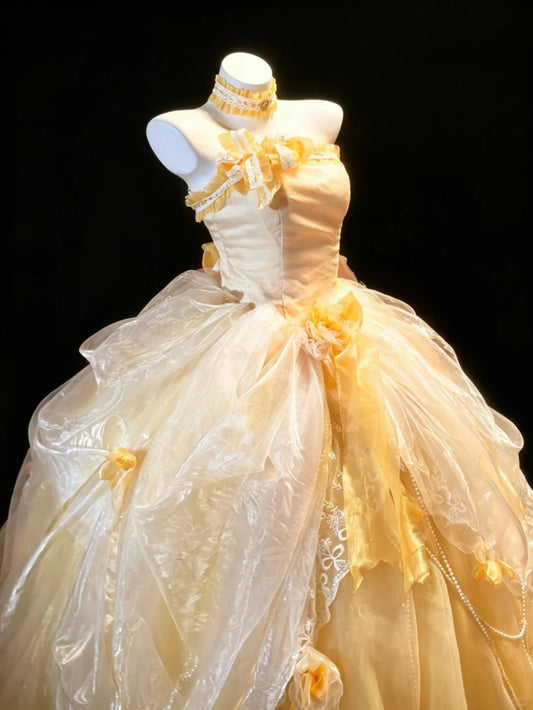 Märchen-Quince-Kleid Ballkleid Trägerlos Gelb Gestuft Sweet 16 Quinceanera Kleider 15 Vestidos De Fiesta N4481