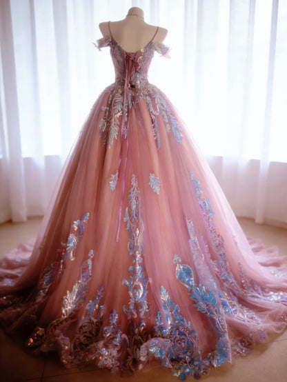 Niedliches Ballkleid mit Spaghettiträgern aus rosa Satin mit Applikationen Lange Partykleider Abschlussballkleider N3039