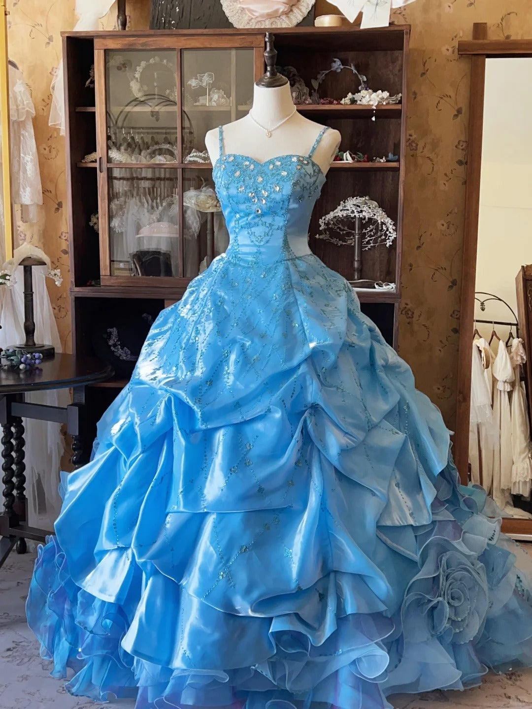 Vintage Ballkleid Spaghettiträger Blau Mit Lagen Stufen Sweet 16 Kleider Lang 15 Vestidos De Fiesta N2264