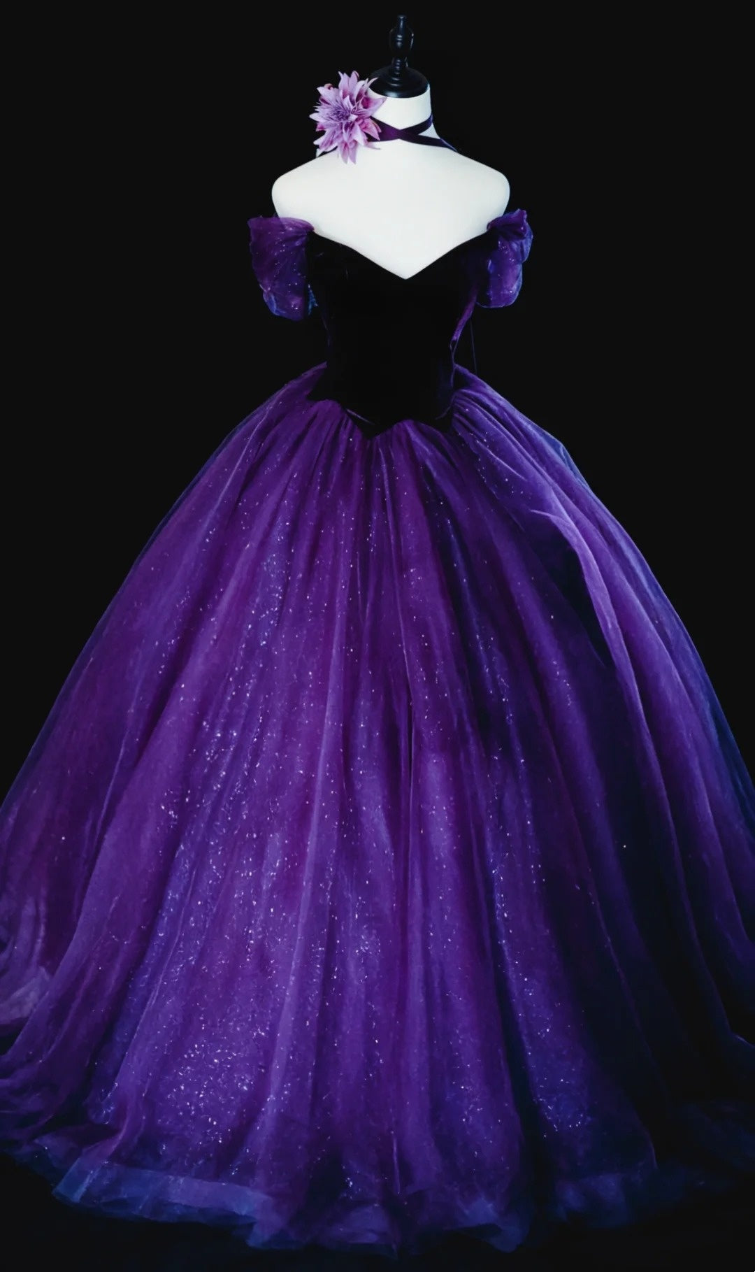 Robes de bal modestes à épaules dénudées en tulle violet avec manches longues Quinceañera N2966