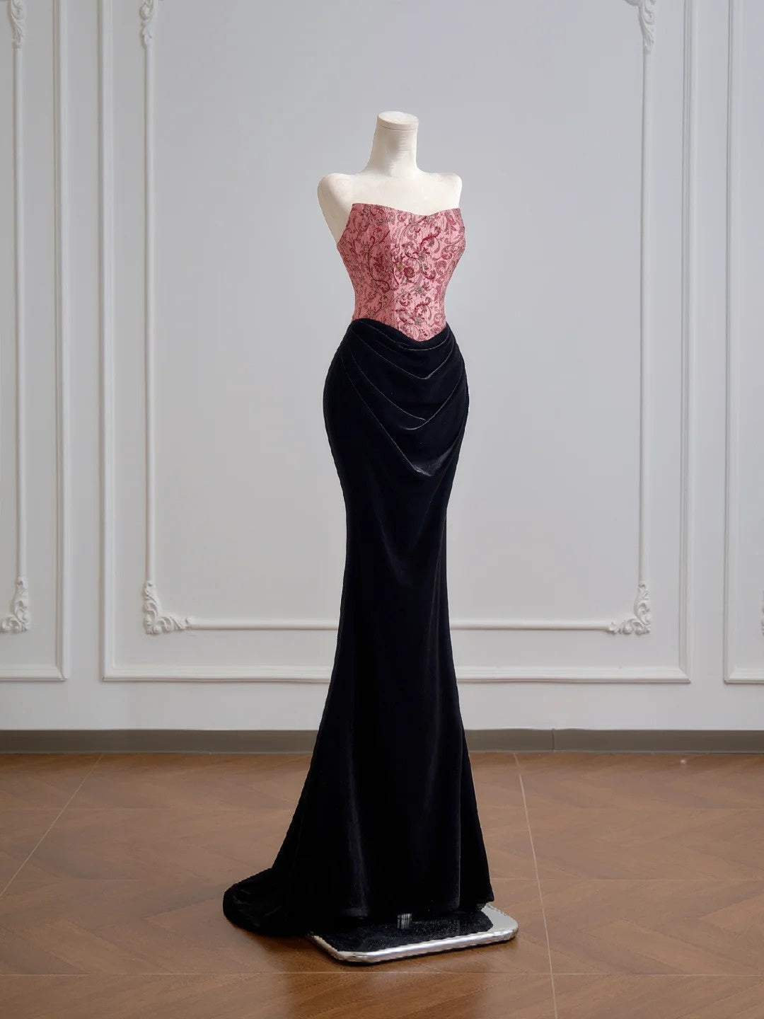 Flattering Mermaid Strapless Pink Satin With Velvet Black Prom Dresses Long Evening Formal Birthday Party Gowns N382