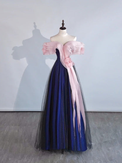 Robe de bal élégante et discrète, épaules dénudées, en tulle bleu et rose, idéale pour une soirée étudiante ou un bal de fin d'année (Sweet 16), robe longue pour adolescentes N1164