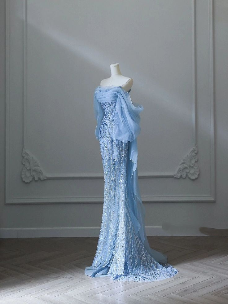 Sexy Meerjungfrauen-Abendkleid mit schulterfreiem, blauem Paillettenbesatz, langes formelles Ballkleid AB1684