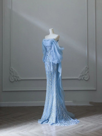 Sexy Meerjungfrauen-Abendkleid mit schulterfreiem, blauem Paillettenbesatz, langes formelles Ballkleid AB1684