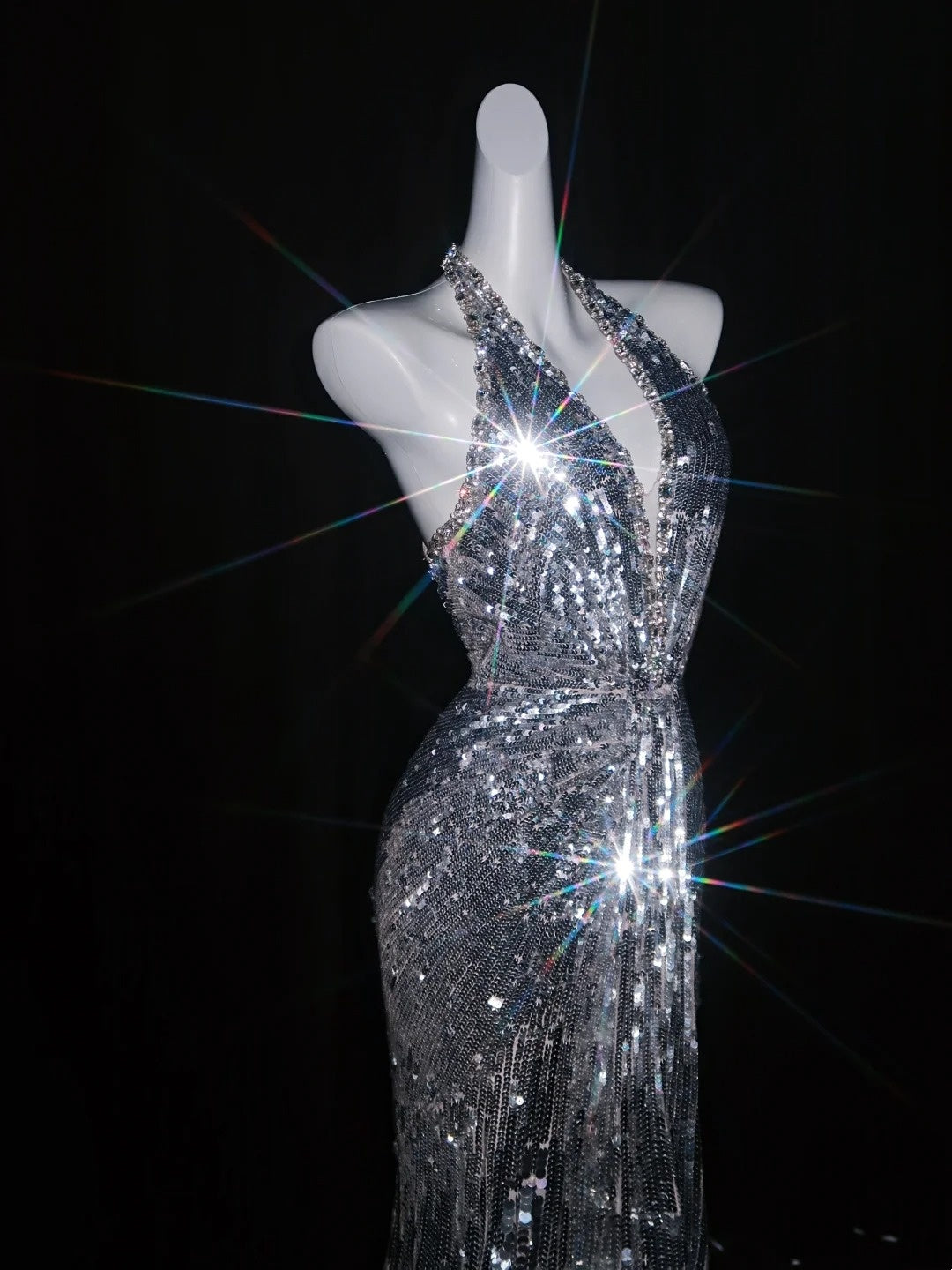 Robe de bal longue sirène grise à sequins et bretelles dos nu, tenue de soirée formelle N1075