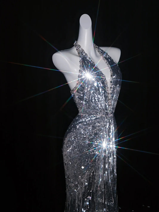 Robe de bal longue sirène grise à sequins et bretelles dos nu, tenue de soirée formelle N1075