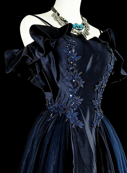Robe de soirée vintage années 80, coupe trapèze, bretelles spaghetti, tulle bleu marine, robe de bal longue N1754