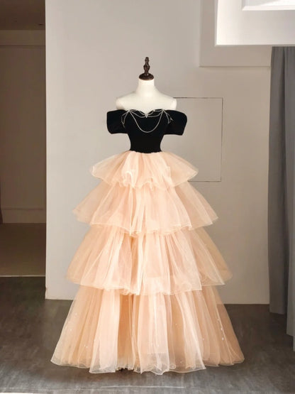 Robe de bal princesse à épaules dénudées en tulle champagne, tenue de soirée pour le bal de fin d'année scolaire, robe de remise de diplômes pour adolescentes N1348